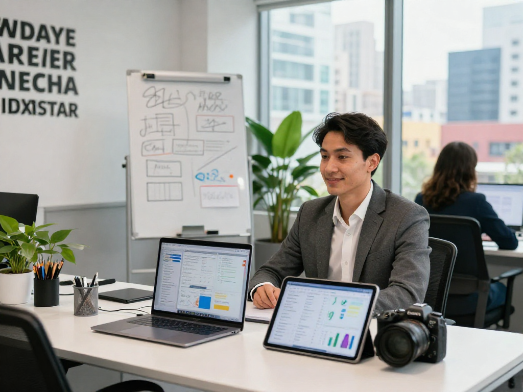 Business professional analyzing IDXSTAR data at a modern workspace, showcasing a collaborative atmosphere.