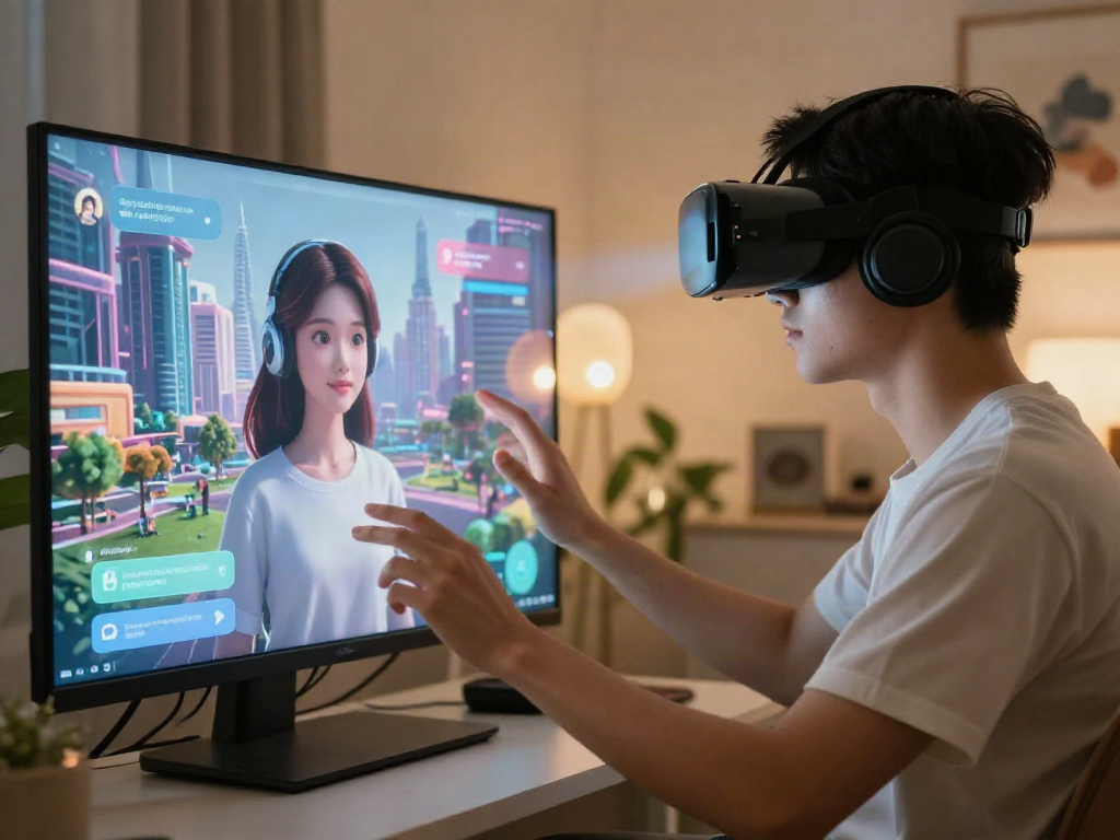 Emotional interaction with an AI girlfriend in a futuristic virtual environment.