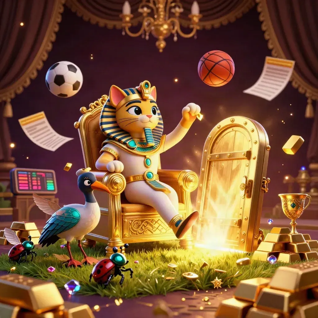 Pharaoh cat, ibis scribe, and gem-winged scarabs amid flying sports balls and treasure glow