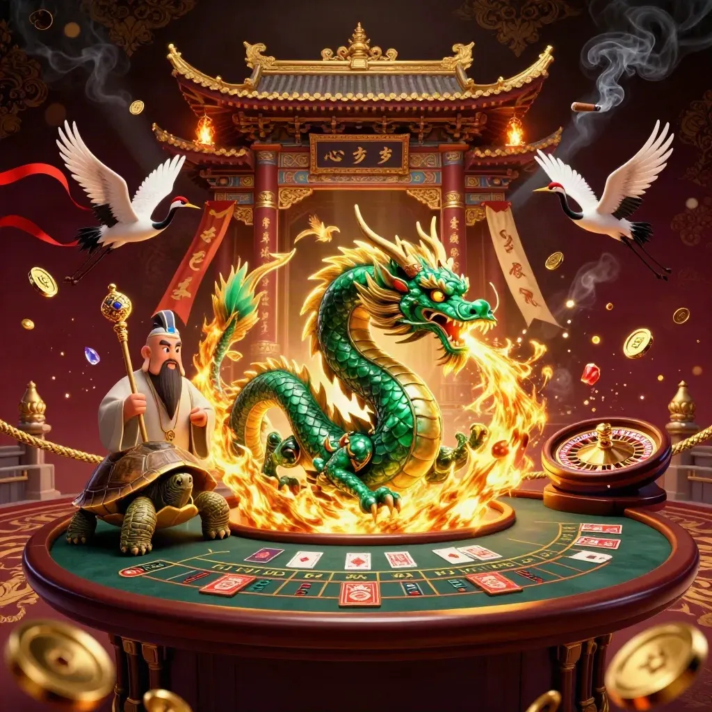 Jade dragon, turtle sage and cranes in a golden casino-temple scene with cards and spinning roulette.