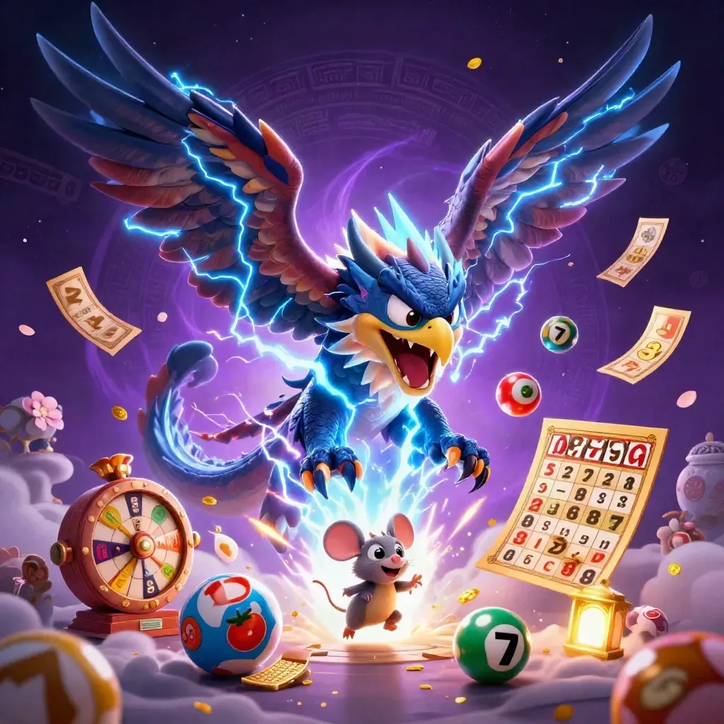 Thunder dragon, wind hawk and static mouse amid casino treasure on a purple starfield.