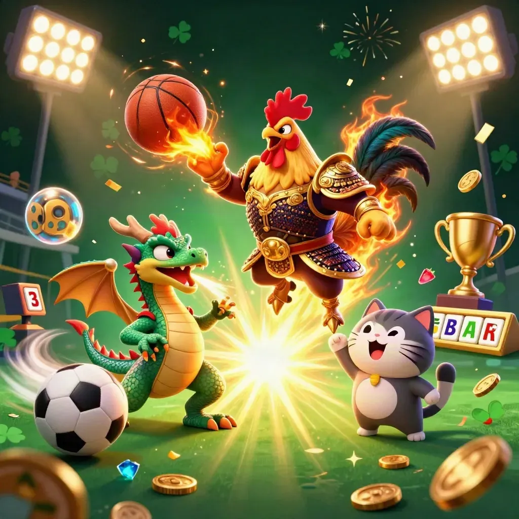 Rooster warrior, spark-breathing dragon hatchling and cheering fortune-cat amid casino sports chaos