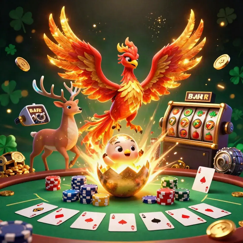 Phoenix, stag, and hatching baby phoenix burst amid casino chips, coins, and slot reels.