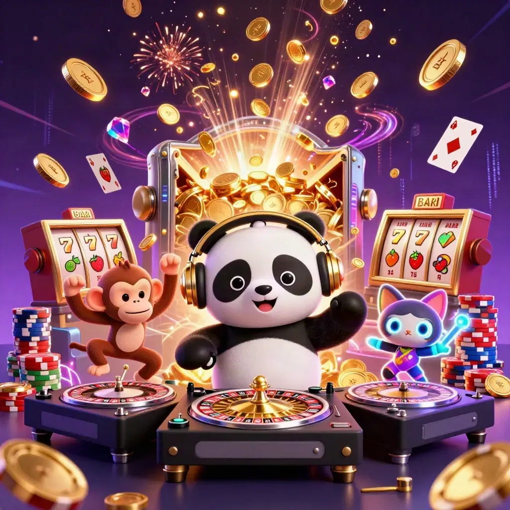 Panda DJ, dancing monkey, and glow kitten amid exploding coins, reels, chips, and fireworks.