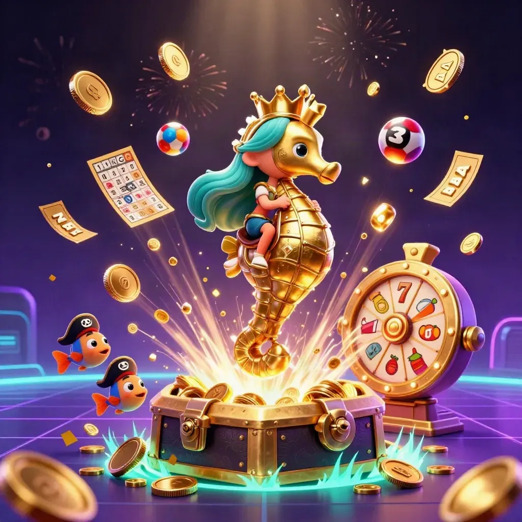 Mermaid princess on a golden seahorse amid coins, lottery balls, reels and fireworks.
