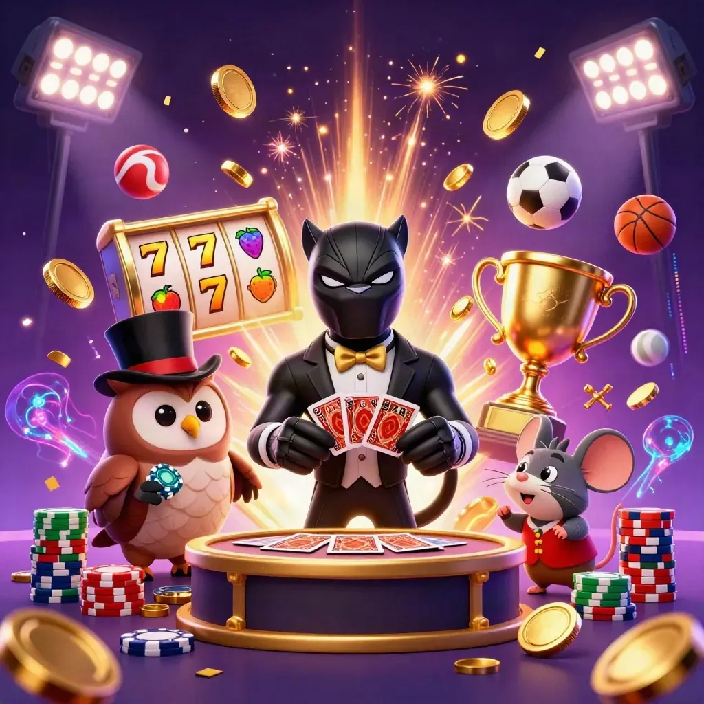Black panther, owl, and mouse amid coins, trophies, reels, and neon casino magic.