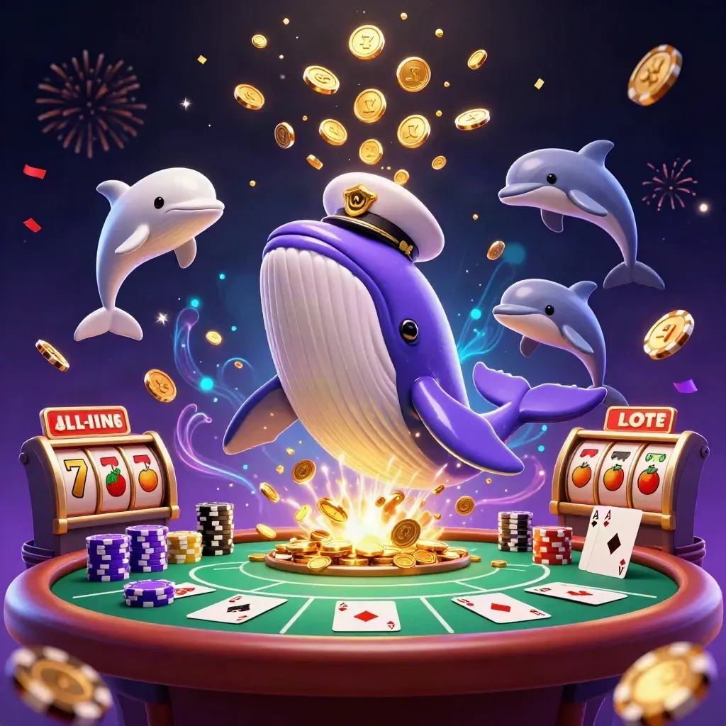 Giant whale captain, narwhal and dolphins burst through coins with chips, reels and purple-gold casino glow.