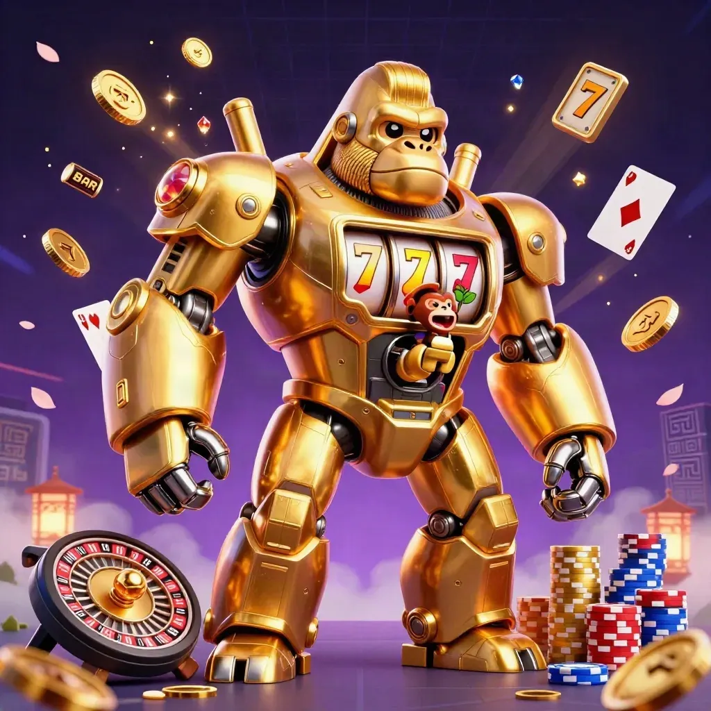 Golden gorilla slot mech with a tiny monkey pilot, coins, reels, roulette wheel and royal glow.